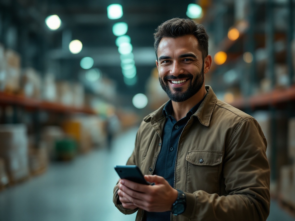 Representante comercial B2B confiante, com o celular na mão